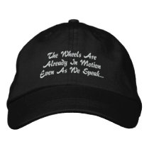Wheels In Motion... Black Hat & White Letters embroidered hats