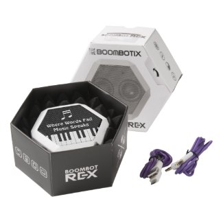 This portable loudspeaker (Boombot Rex) is decorated with a piano keyboard above which floats the message "Where Words Fail, Music Speaks". An ideal gift for musicians, DJs and music lovers for parties.