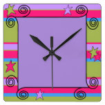Whimsey in Purple Pink and Green Square Wall Clocks