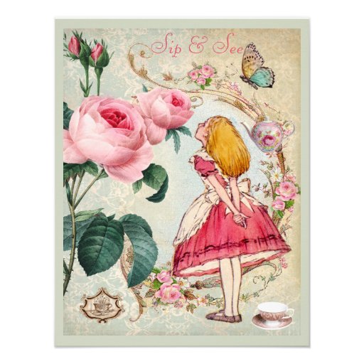 Whimsical Alice in Wonderland Collage Sip & See Custom Announcements