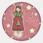 Whimsical angel with Christmas tree Round Stickers
