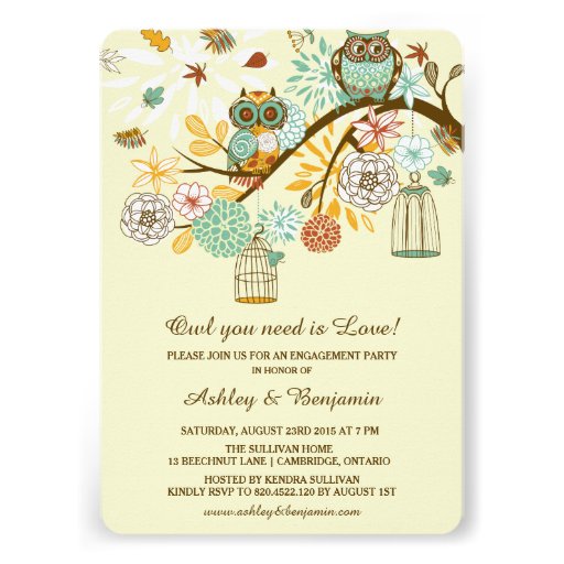 Whimsical Autumn Owls Engagement Party Invitation (front side)