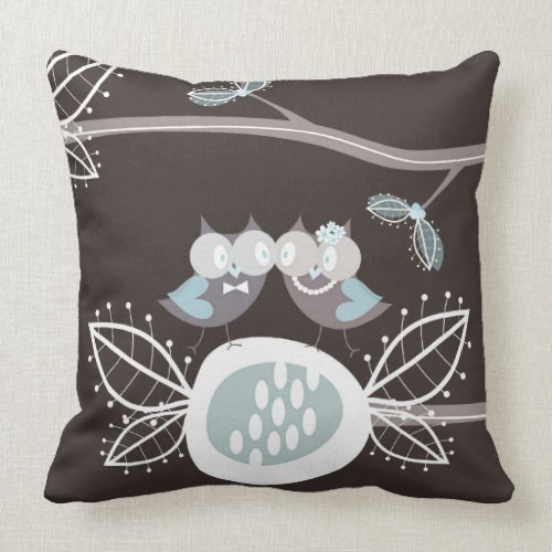Whimsical Bride Groom Blue Wedding Owls Cushion Pillow