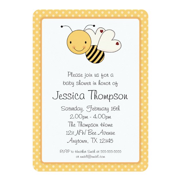 Whimsical Bumble Bee Polka Dots Baby Shower Card (front side)