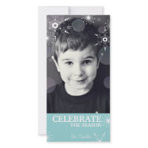 Whimsical Christmas Photo Card Teal Snowflakes Dot