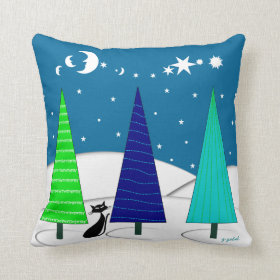 Whimsical Christmas Trees and Cat Pillow