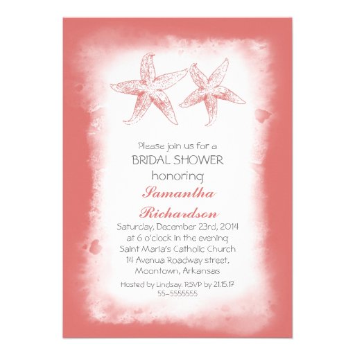 Whimsical coral beach bridal shower invitations