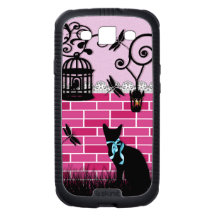 Whimsical cute cat & bird cage on pink vector wall galaxy SIII case