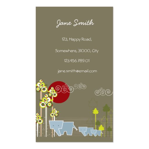 Whimsical Cute Elephant Family In Forest Trees Sun Business Card Templates (front side)