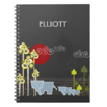 Whimsical Cute Elephant Family In Forest Trees Sun Spiral Note Books