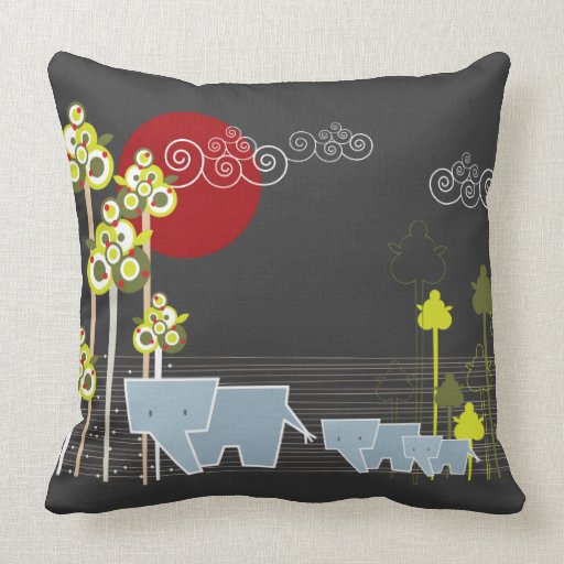 Whimsical Cute Elephant Family In Forest Trees Sun Pillows