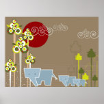 Whimsical Cute Elephant Family In Forest Trees Sun Print