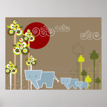Whimsical Cute Elephant Family In Forest Trees Sun Print