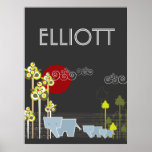 Whimsical Cute Elephant Family In Forest Trees Sun Poster