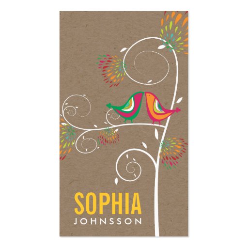Whimsical Cute Kissing Summer Birds Kraft Paper Business Card (front side)