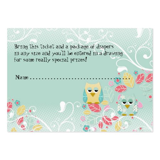 Whimsical Cute Swirl Owl Baby Diaper Raffle Ticket Business Card Template (back side)