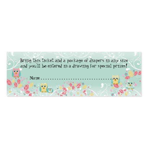 Whimsical Cute Swirl Owl Baby Diaper Raffle Ticket Business Card Templates (back side)
