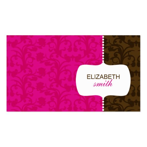 Whimsical Damask Pink/Brown Business Card (front side)