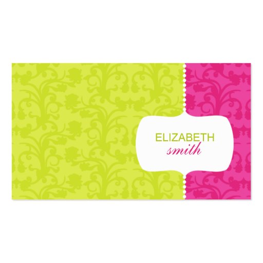 Whimsical Damask Pink/Green Business Card (front side)