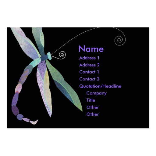 Whimsical Dragonfly on Black Business Cards (front side)