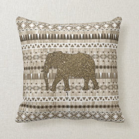 Whimsical Elephant Tribal Pattern on Wood Design Throw Pillow