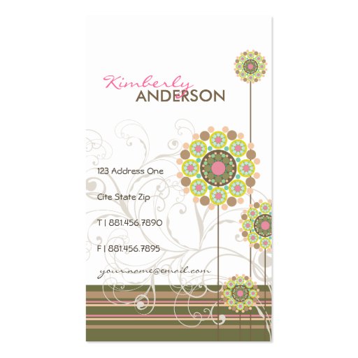 Whimsical Floral Flower Dots Swirls Trendy Stripes Business Card (front side)