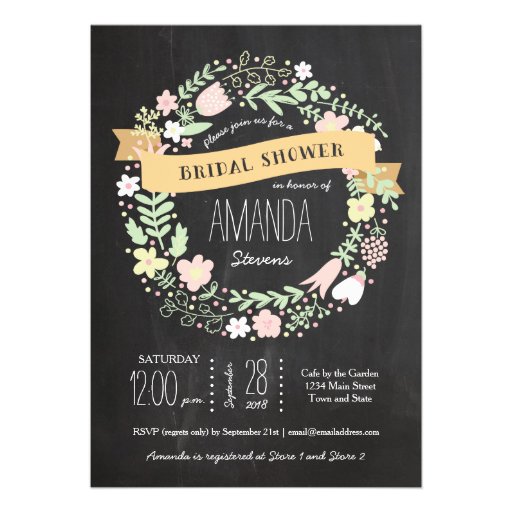 Whimsical Floral Wreath Chalkboard Bridal Shower Custom Invitation
