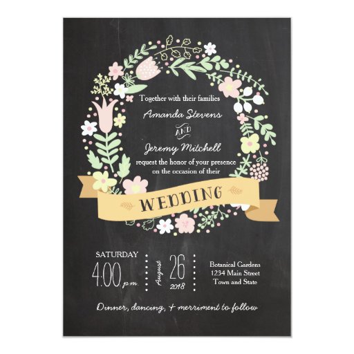 Whimsical Floral Wreath Chalkboard Wedding Personalized Announcement