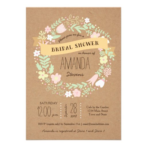 Whimsical Floral Wreath Craft Paper Bridal Shower Custom Announcements