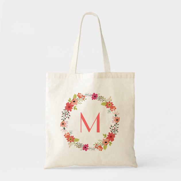Whimsical Floral Wreath Monogram Budget Tote Bag