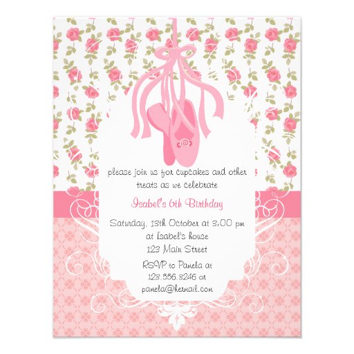 Whimsical Girly Floral Pink Ballerina Birthday Invitation