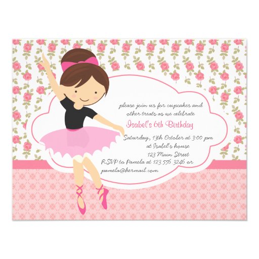 Whimsical Girly Floral Pink Ballerina Birthday Invitation