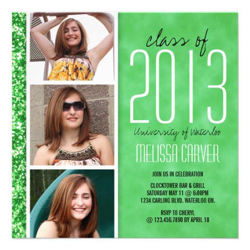 Whimsical Glitter Grad Announcement - Green (front side)