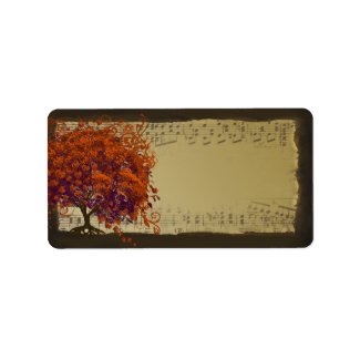 Whimsical Heart Leafed Tree Orange & Plum on Gold label