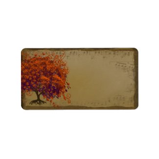 Whimsical Heart Leafed Tree Orange & Plum on Gold label