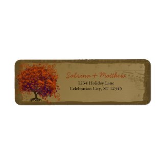 Whimsical Heart Leafed Tree Orange & Plum on Gold label