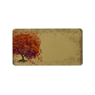 Whimsical Heart Leafed Tree Orange & Plum on Gold label