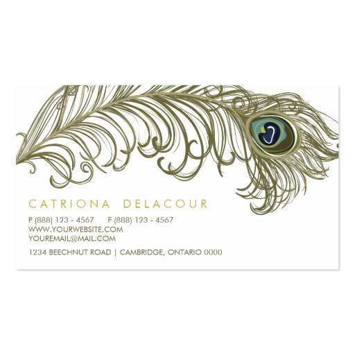 Whimsical Peacock Feather Stylish Business Card (back side)