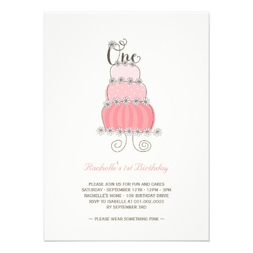 Whimsical Pink Cake Baby Girl 1st Birthday Party Personalized Announcement