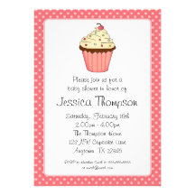 Whimsical Pink Cupcake Polka Dot Girl Baby Shower Announcement
