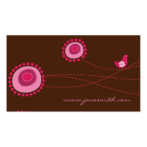 Whimsical Pink Dots Flowers Birds Chic Trendy Cute Business Card Template (back side)