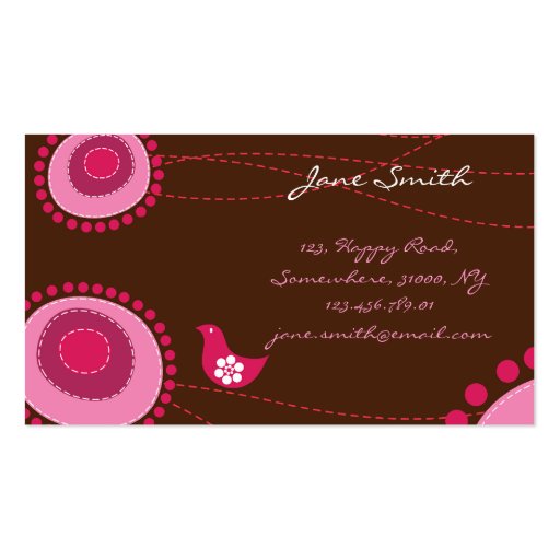 Whimsical Pink Dots Flowers Birds Chic Trendy Cute Business Card Template