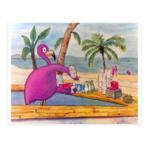 Whimsical Pink Flamingo Pours Party Drinks Beach Post Card