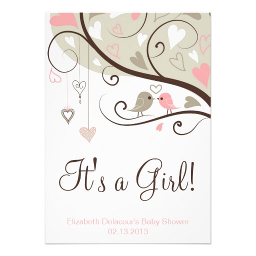Whimsical Pink & Gray Birds Baby Shower Invitation