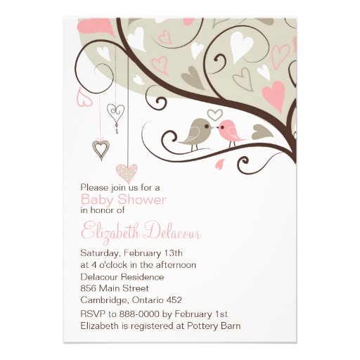 Whimsical Pink & Gray Birds Baby Shower Invitation