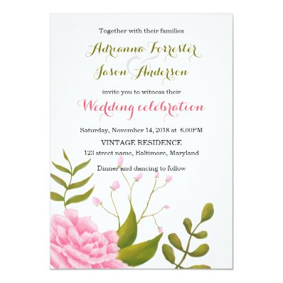 Whimsical Pink Peony Floral Wedding 5" X 7" Invitation Card