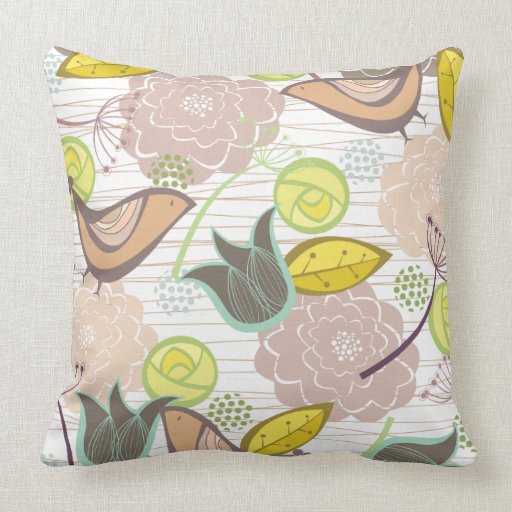 Whimsical Pink Sweet Birds Floral Garden Cushion P Throw Pillows