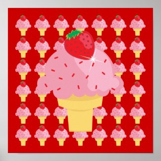 Whimsical Strawberry Ice Cream Poster Print print