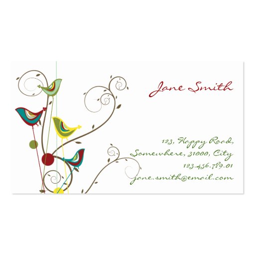 Whimsical Summer Birds Swirls Modern Nature Vines Business Card (front side)
