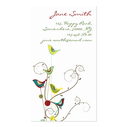 Whimsical Summer Birds Swirls Modern Nature Vines Business Cards (front side)